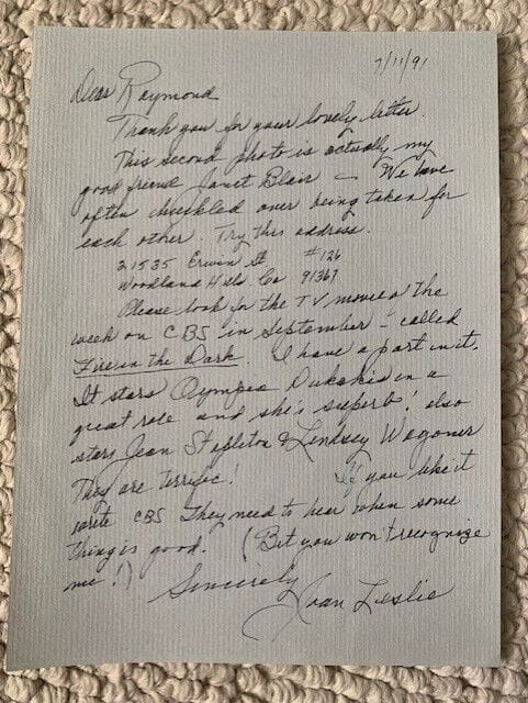 JOAN LESLIE HAND SIGNED+HAND WRITTEN 6×8 LETTER FROM 1991+COA GREAT CONTENT COLLECTIBLE MEMORABILIA