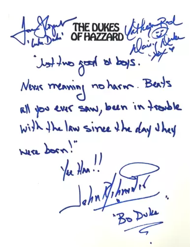 JOHN SCHNEIDER WOPAT BACH SIGNED AUTOGRAPH 8.5×11 HANDWRITTEN LYRICS DUKES JSA COLLECTIBLE MEMORABILIA