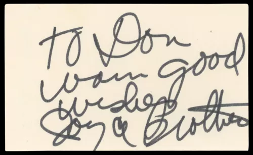 JOYCE BROTHERS PSYCHOLOGIST “GOOD WISHES” SIGNED 3×5 INDEX CARD BAS #BN06378 COLLECTIBLE MEMORABILIA