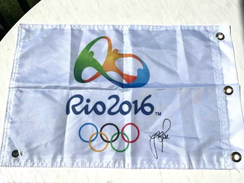 Justin Rose Signed 2016 Rio Olympics Pin Flag Gold Medal Golf Beckett BAS Cert