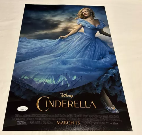 LILY COLLINS SIGNED CINDERELLA 12X18 MOVIE POSTER JSA COLLECTIBLE MEMORABILIA