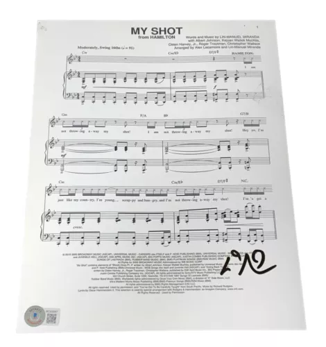LIN MANUEL MIRANDA SIGNED AUTOGRAPH HAMILTON MY SHOT MUSIC LYRIC SHEET BAS NYC COLLECTIBLE MEMORABILIA