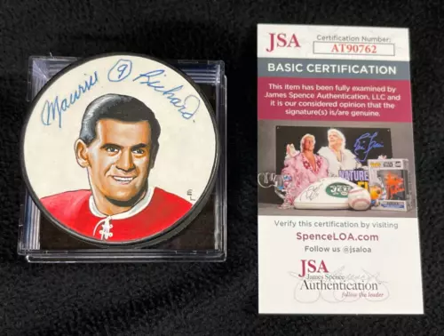MAURICE RICHARD SIGNED MONTREAL CANADIENS HAND PAINTED LITHOGRAPH PUCK JSA COA COLLECTIBLE MEMORABILIA