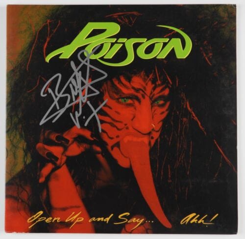 POISON BRET MICHAELS JSA SIGNED AUTOGRAPH ALBUM RECORD VINYL OPEN UP AND SAY COLLECTIBLE MEMORABILIA