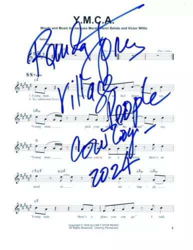 RANDY JONES SIGNED AUTOGRAPH Y.M.C.A. YMCA SHEET MUSIC – COWBOY VILLAGE PEOPLE COLLECTIBLE MEMORABILIA