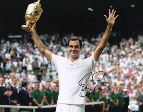 ROGER FEDERER SIGNED AUTOGRAPH 11×14 PHOTO – TENNIS LEGEND WIMBLEDON TROPHY JSA COLLECTIBLE MEMORABILIA