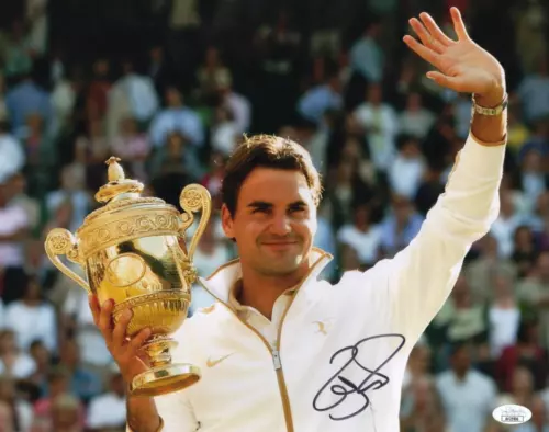 ROGER FEDERER SIGNED AUTOGRAPH 11×14 PHOTO WIMBLEDON CHAMPION W/ TROPHY JSA COA COLLECTIBLE MEMORABILIA
