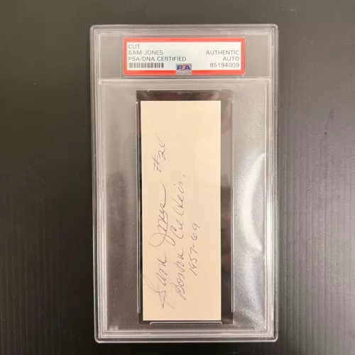 SAM JONES SIGNED INDEX CARD PSA/DNA AUTO ENCAPSULATED BOSTON CELTICS NORTH CAROL COLLECTIBLE MEMORABILIA