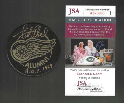 Sid Abel Signed & Inscribed Detroit Red Wings Alumni Puck JSA COA