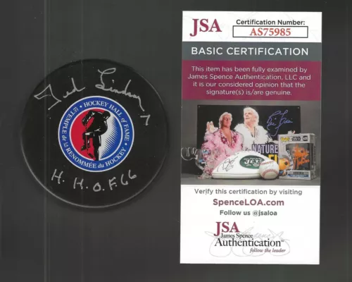 Ted Lindsay Signed & Inscribed Detroit Red Wings Hall Of Fame Puck Small JSA COA