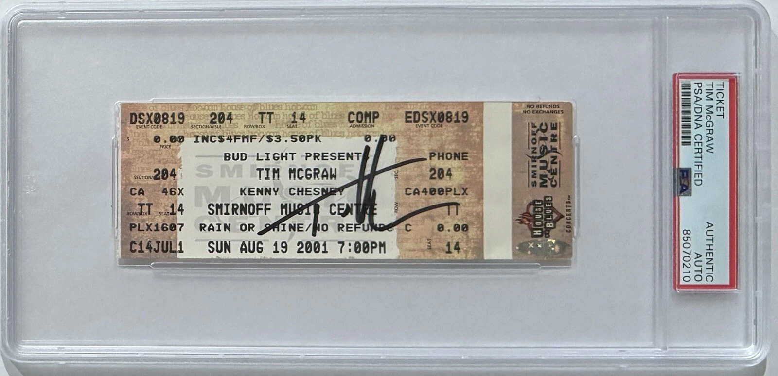 Tim McGraw SIGNED 2001 Bud Light Tour Ticket PSA DNA Certified COA Autograph