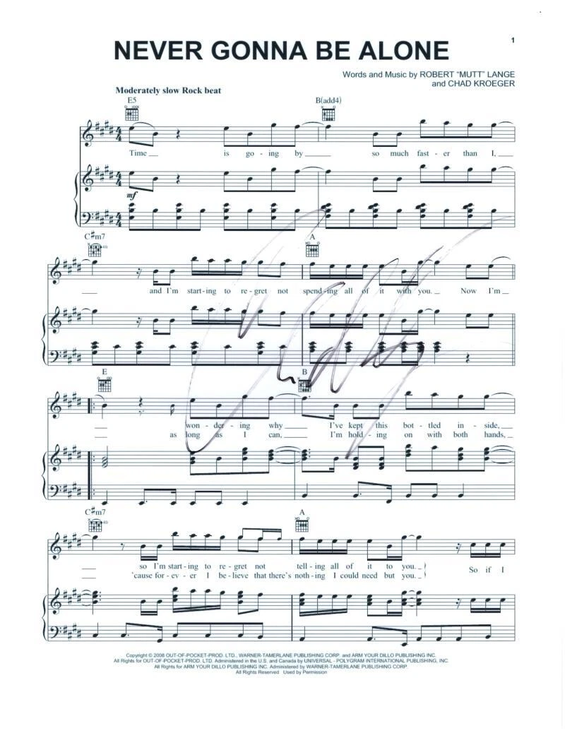 Chad Kroeger Nickelback Signed Autograph Never Gonna Be Alone Sheet Music
