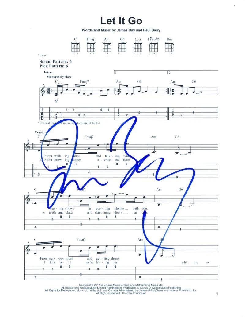 James Bay Signed Autograph Let It Go Sheet Music - Chaos and the Calm Rocker