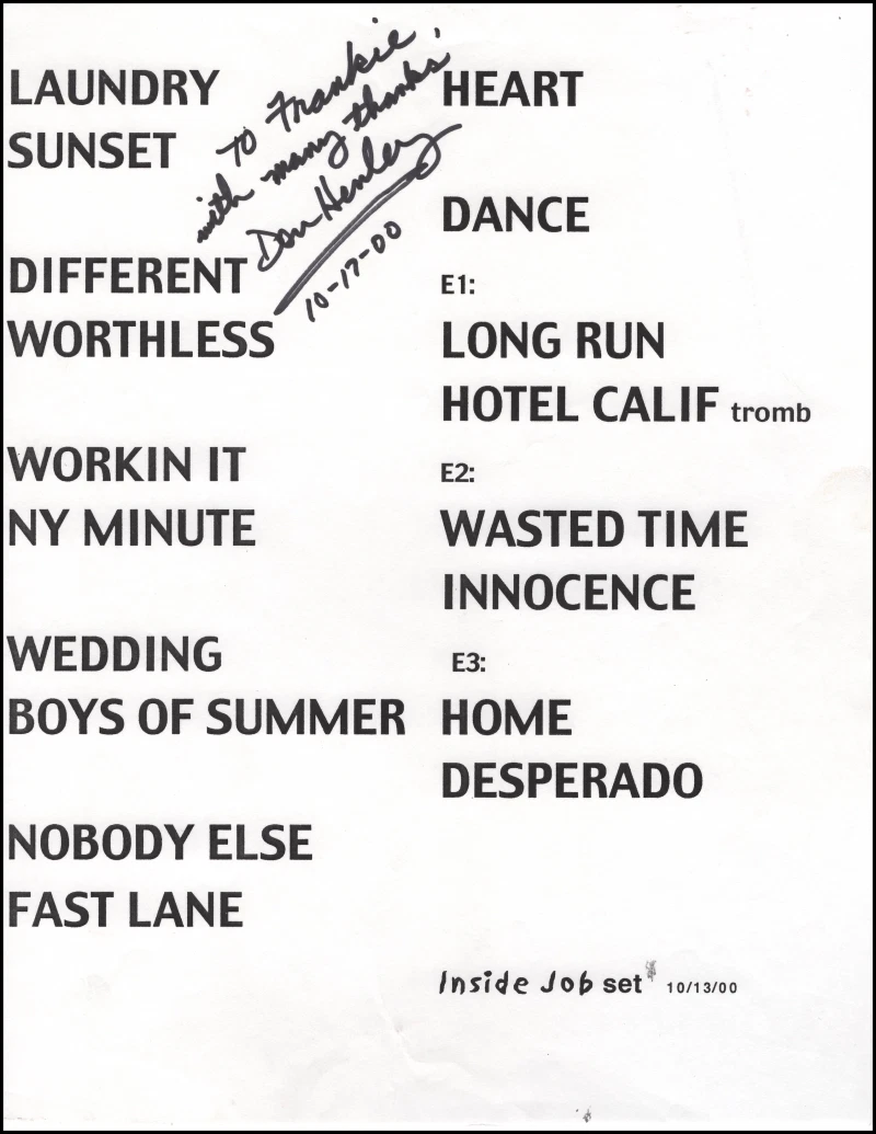Don Henley Eagles Signed Autograph Inside Job Tour Set List & Pass - Beckett COA