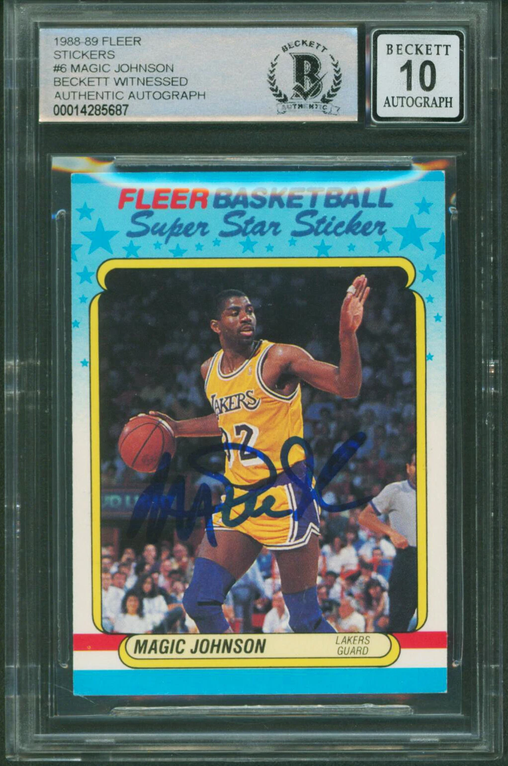Lakers Magic Johnson Signed 1988 Fleer Stickers #6 Card Auto 10! BAS Slabbed