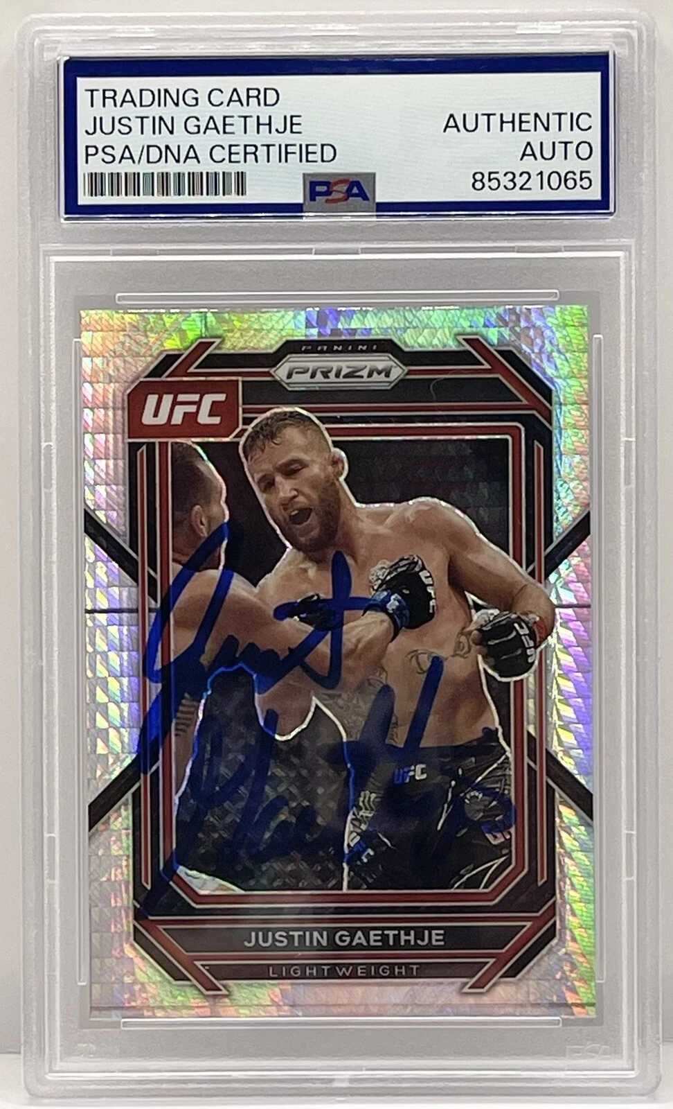 Justin Gaethje Signed 2023 Panini Prizm Hyper UFC Card PSA/DNA Slabbed