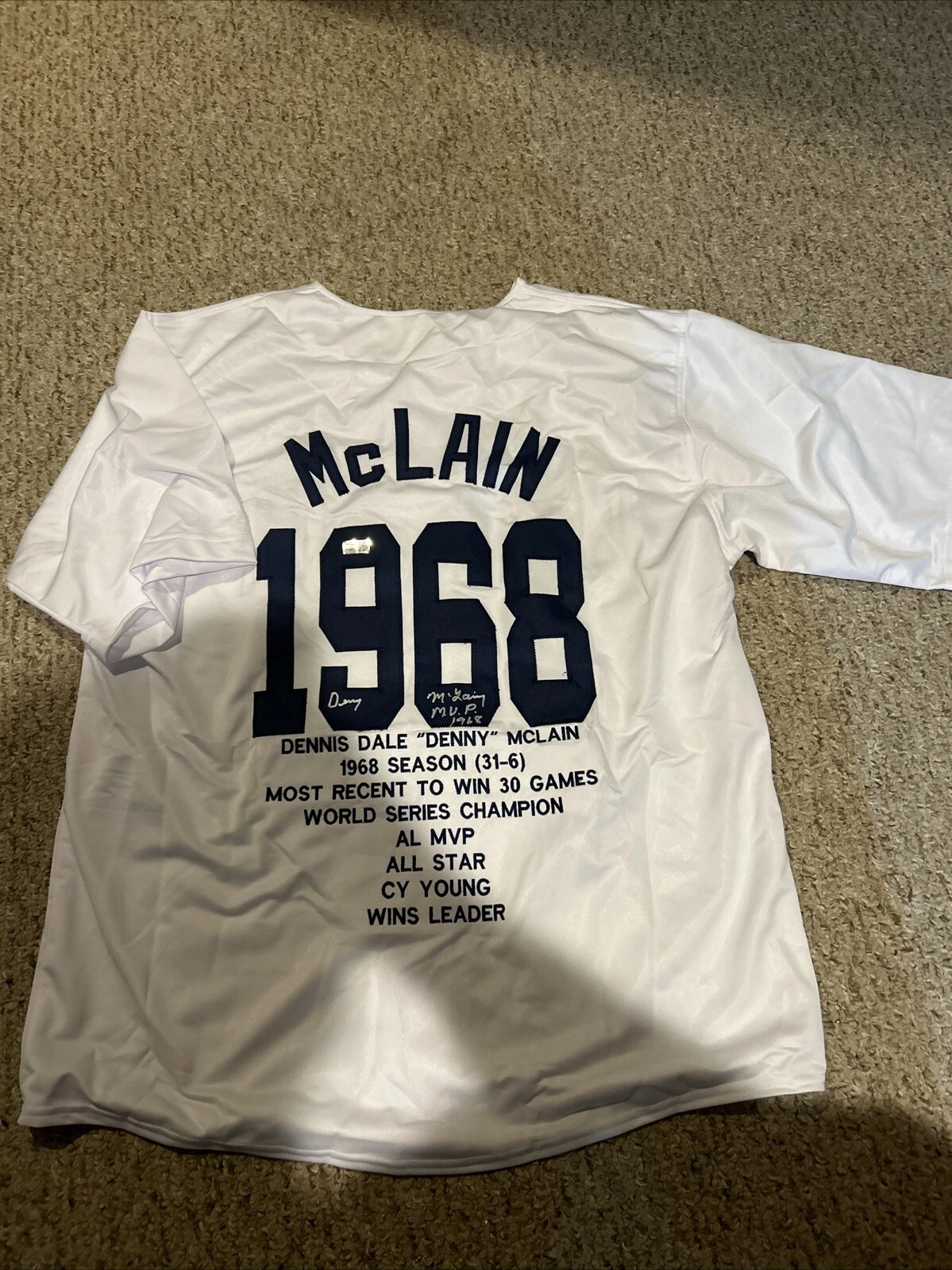 DETROIT TIGERS- DENNY MCLAIN SIGNED AUTOGRAPH 1968 STAT JERSEY TRISTAR COA