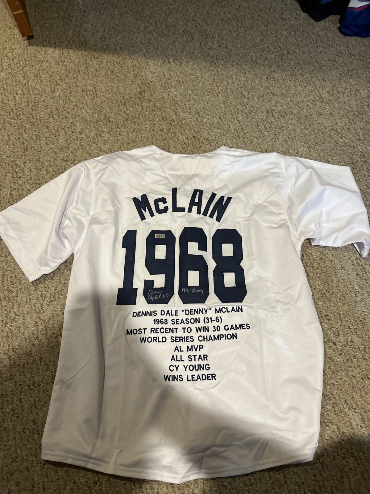 DETROIT TIGERS- DENNY MCLAIN SIGNED AUTOGRAPH 1968 STAT JERSEY TRISTAR COA