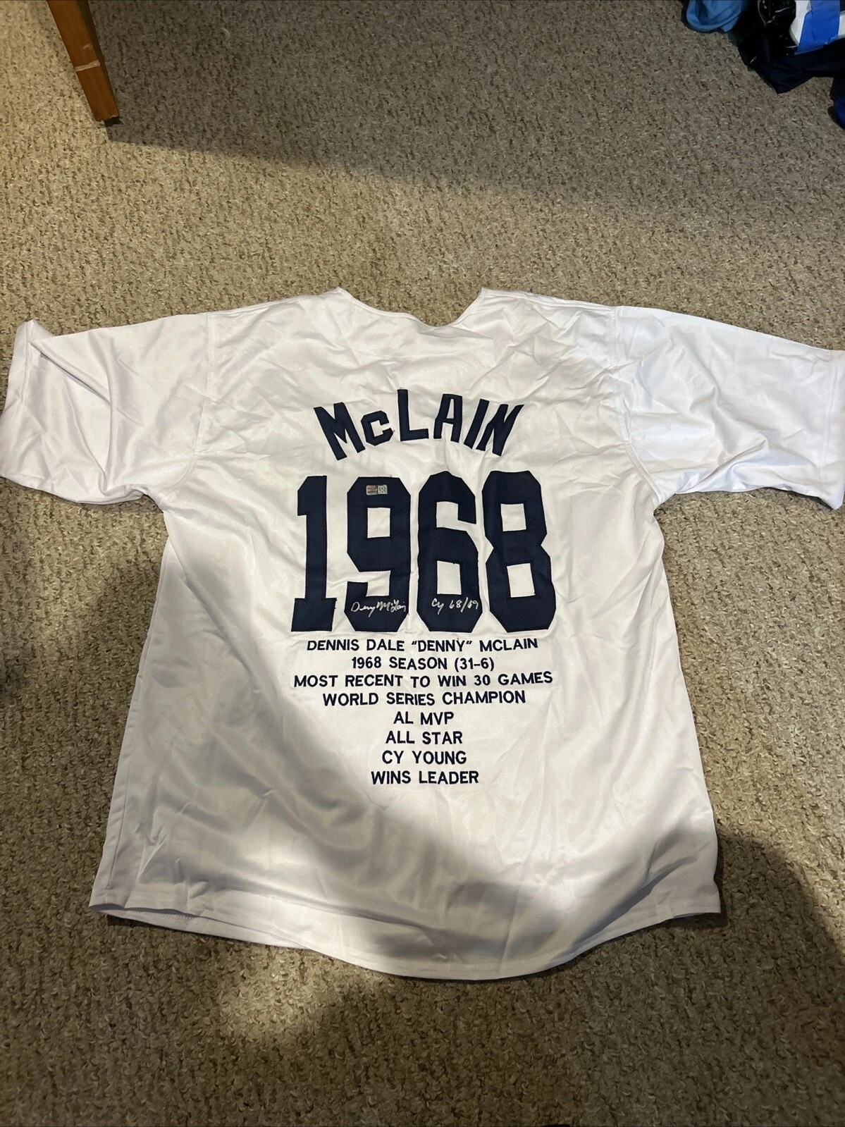 DETROIT TIGERS- DENNY MCLAIN SIGNED AUTOGRAPH 1968 STAT JERSEY TRISTAR COA