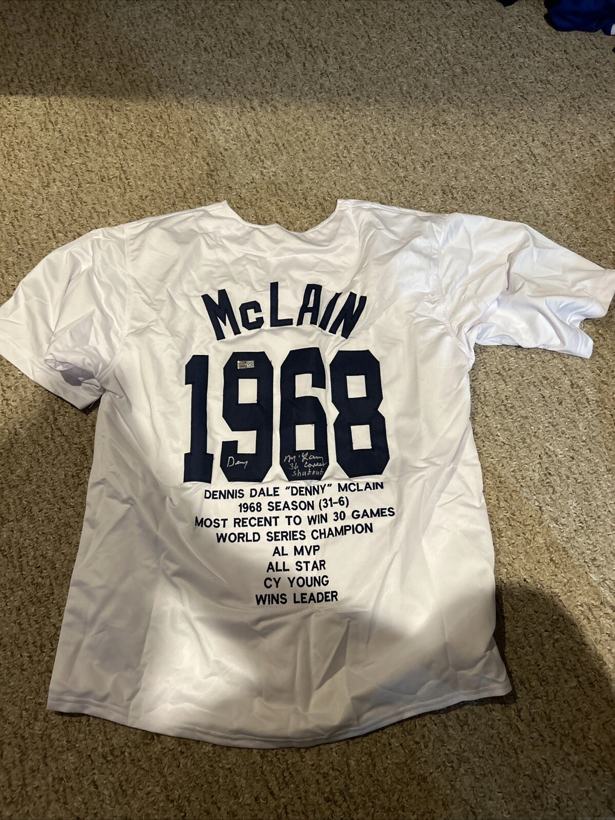 DETROIT TIGERS- DENNY MCLAIN SIGNED AUTOGRAPH 1968 STAT JERSEY TRISTAR COA