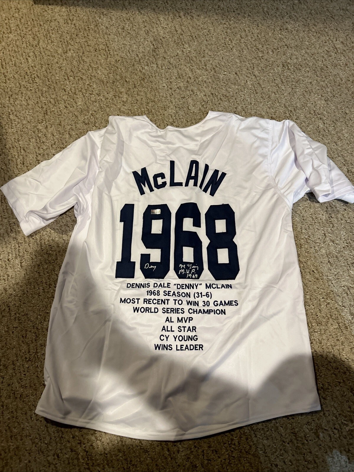 DETROIT TIGERS- DENNY MCLAIN SIGNED AUTOGRAPH 1968 STAT JERSEY TRISTAR COA