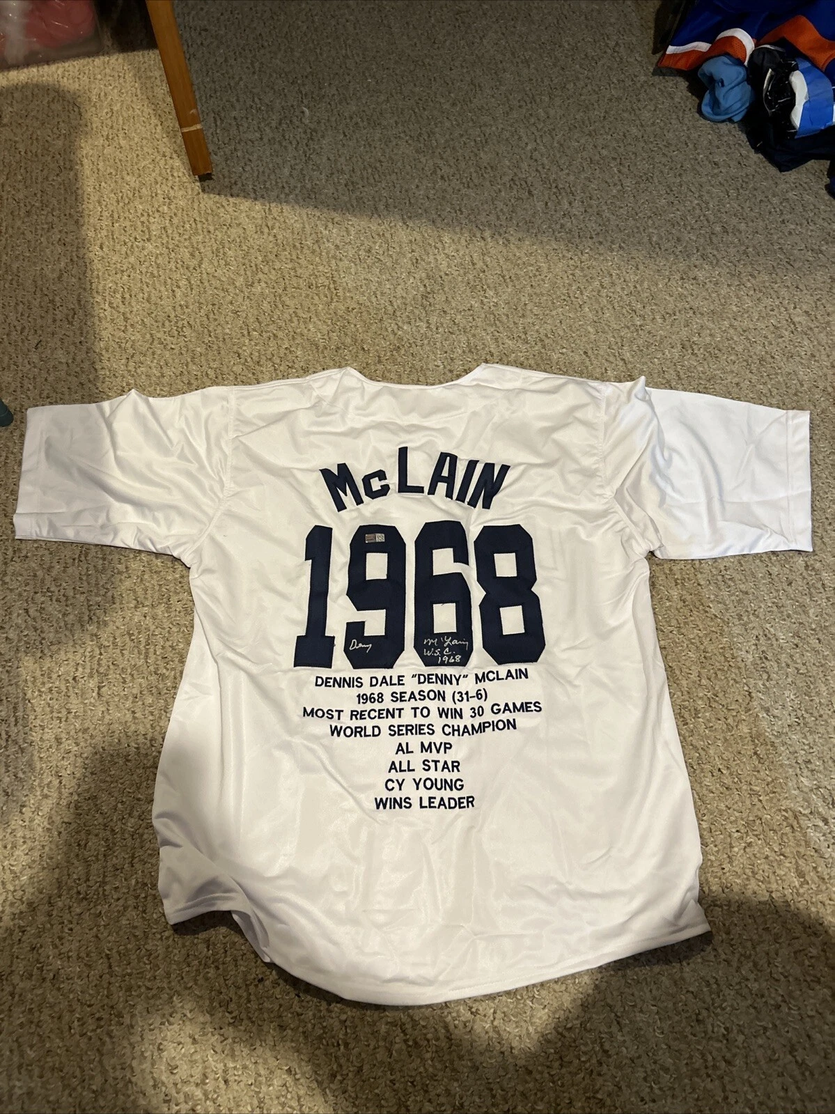 DETROIT TIGERS- DENNY MCLAIN SIGNED AUTOGRAPH 1968 STAT JERSEY TRISTAR COA