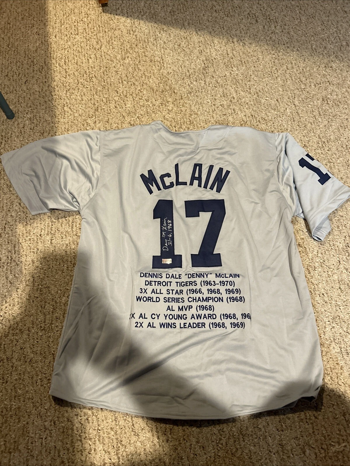 DETROIT TIGERS- DENNY MCLAIN SIGNED AUTOGRAPH STAT JERSEY TRISTAR COA BASEBALL