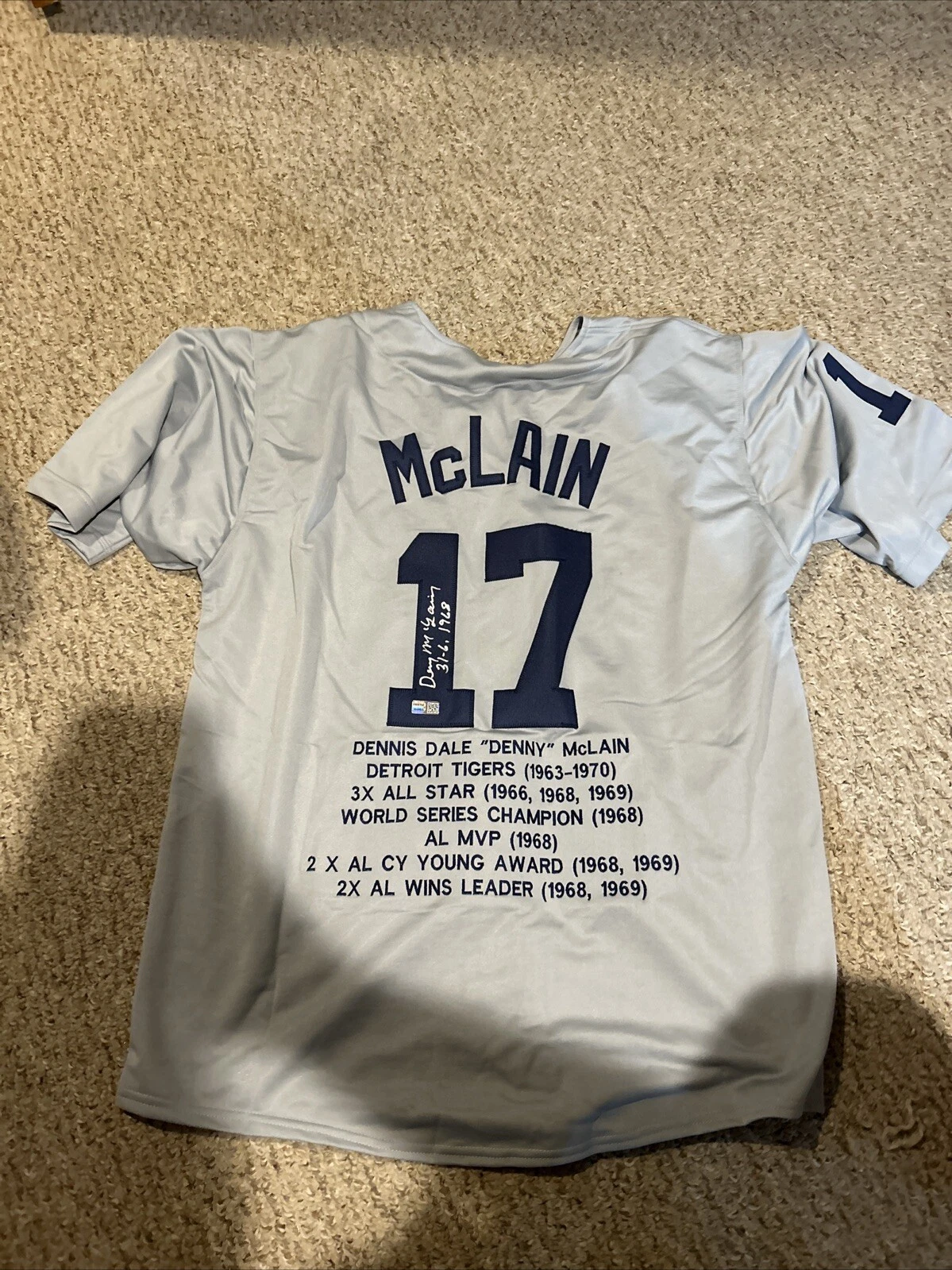 DETROIT TIGERS- DENNY MCLAIN SIGNED AUTOGRAPH STAT JERSEY TRISTAR COA BASEBALL