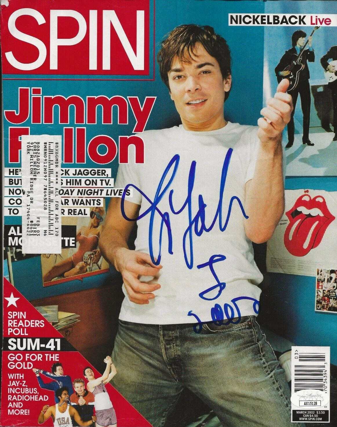Jimmy Fallon REAL hand SIGNED March 2002 SPIN Magazine Cover Page JSA COA SNL