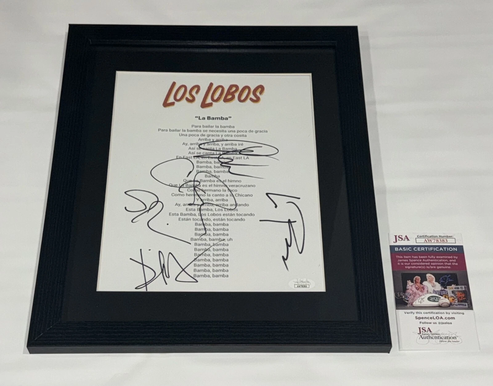 LOS LOBOS SIGNED FRAMED LA BAMBA LYRIC SHEET DAVID HIDALGO ROSAS ALL 5 JSA COA