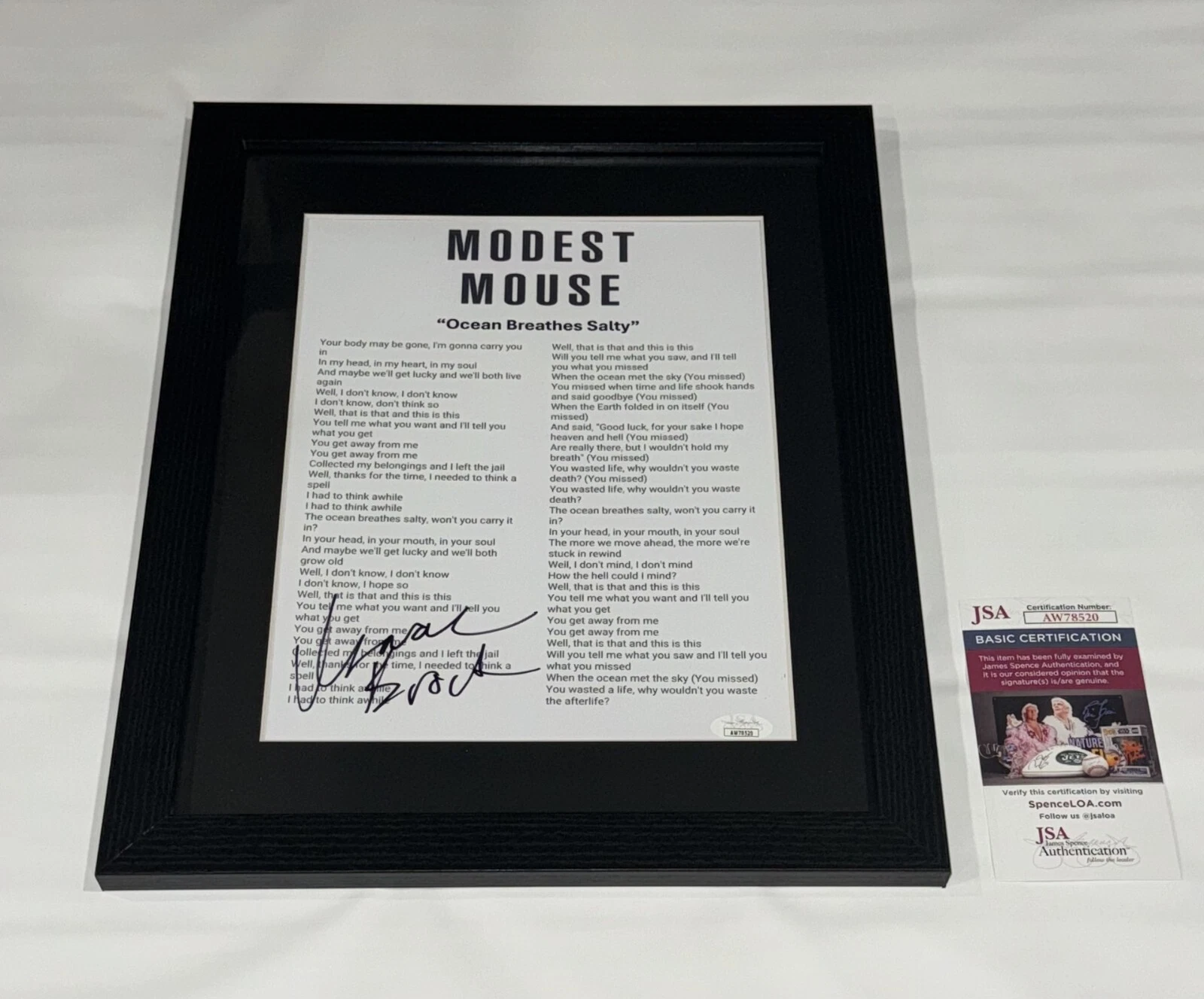 ISAAC BROCK SIGNED FRAMED MODEST MOUSE OCEAN BREATHES SALTY LYRIC SHEET JSA COA