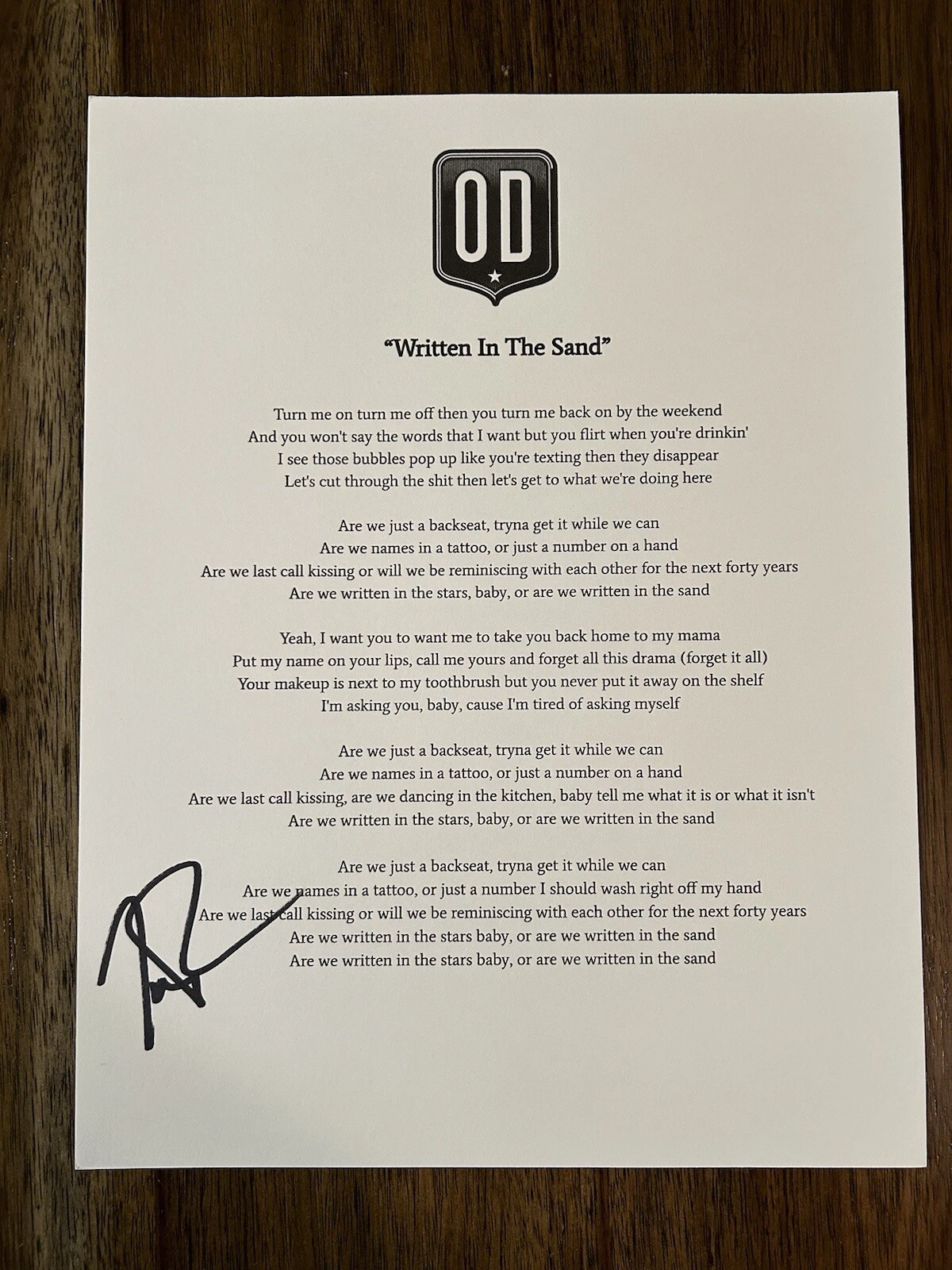 Trevor Rosen ‘Old Dominion’ Band Signed Lyric Sheet ‘Written In The Sand’