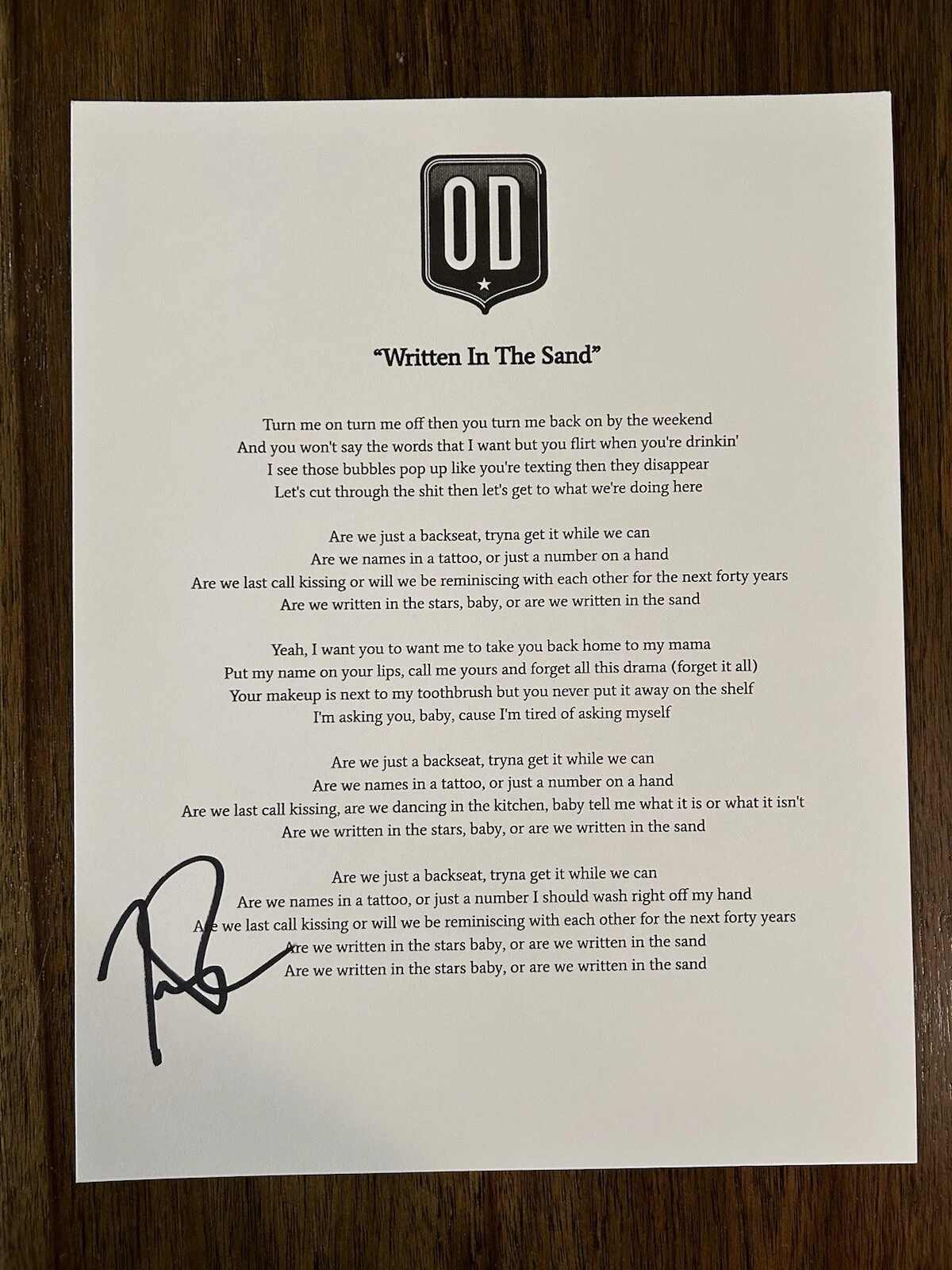 TREVOR ROSEN ‘OLD DOMINION’ BAND SIGNED LYRIC SHEET ‘WRITTEN IN THE SAND’ COLLECTIBLE MEMORABILIA