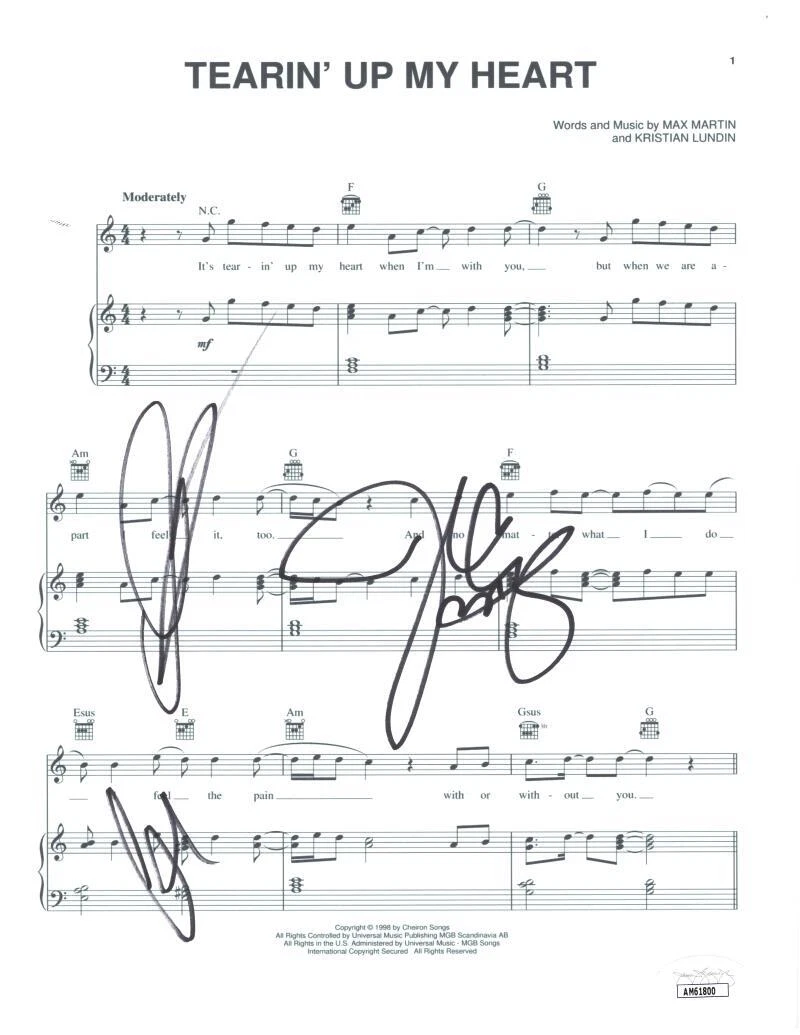 Lance Bass Joey & JC NSYNC Signed Autograph Tearin Up My Heart Sheet Music - JSA