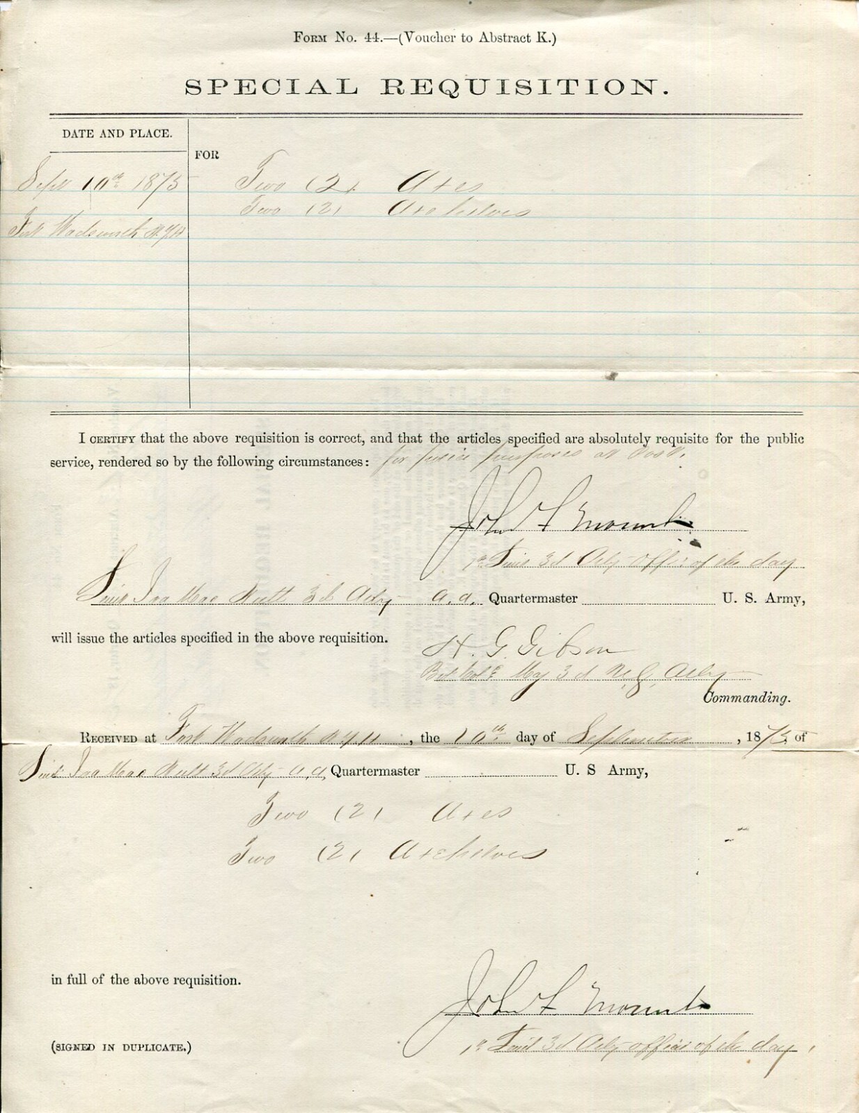 General Horatio Gates Gibson Civil War Chief Quartermaster Signed Autograph