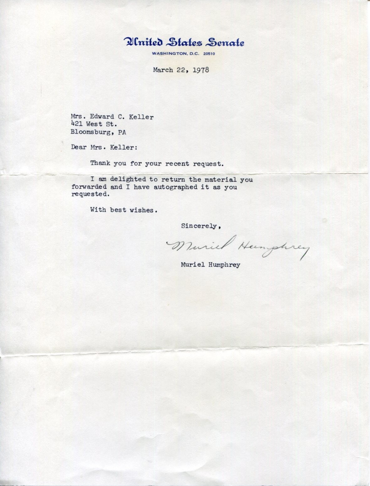 Muriel Humphrey Vice President Wife Minnesota Senator Congress Signed Autograph