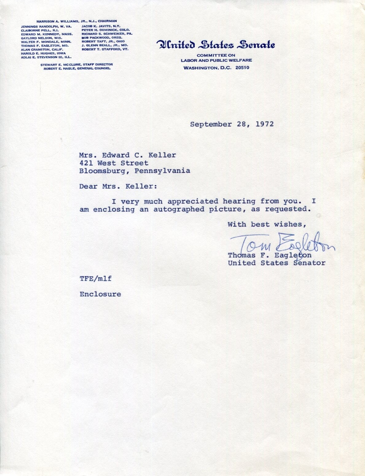 Thomas Eagleton MO Missouri US Senator Congress Signed Autograph