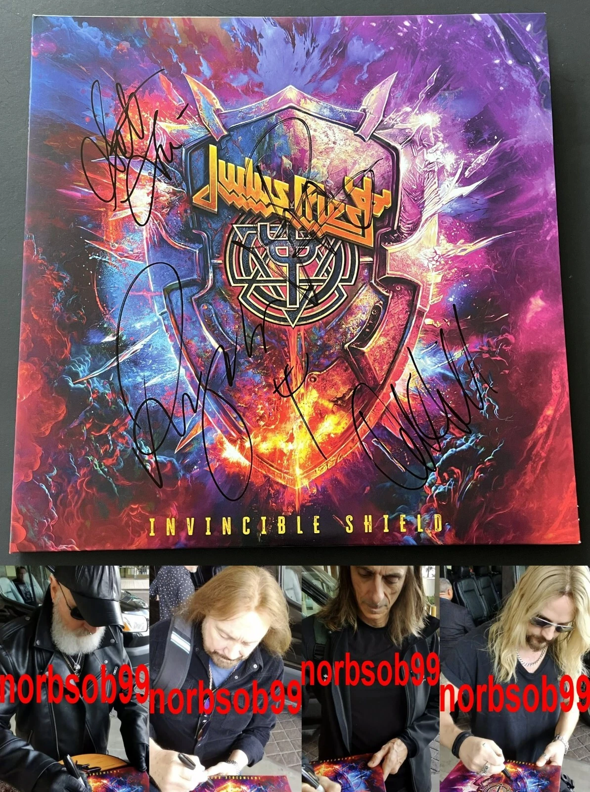 JUDAS PRIEST SIGNED INVINCIBLE SHIELD VINYL LP ROB HALFORD +3 w/EXACT PROOF COA