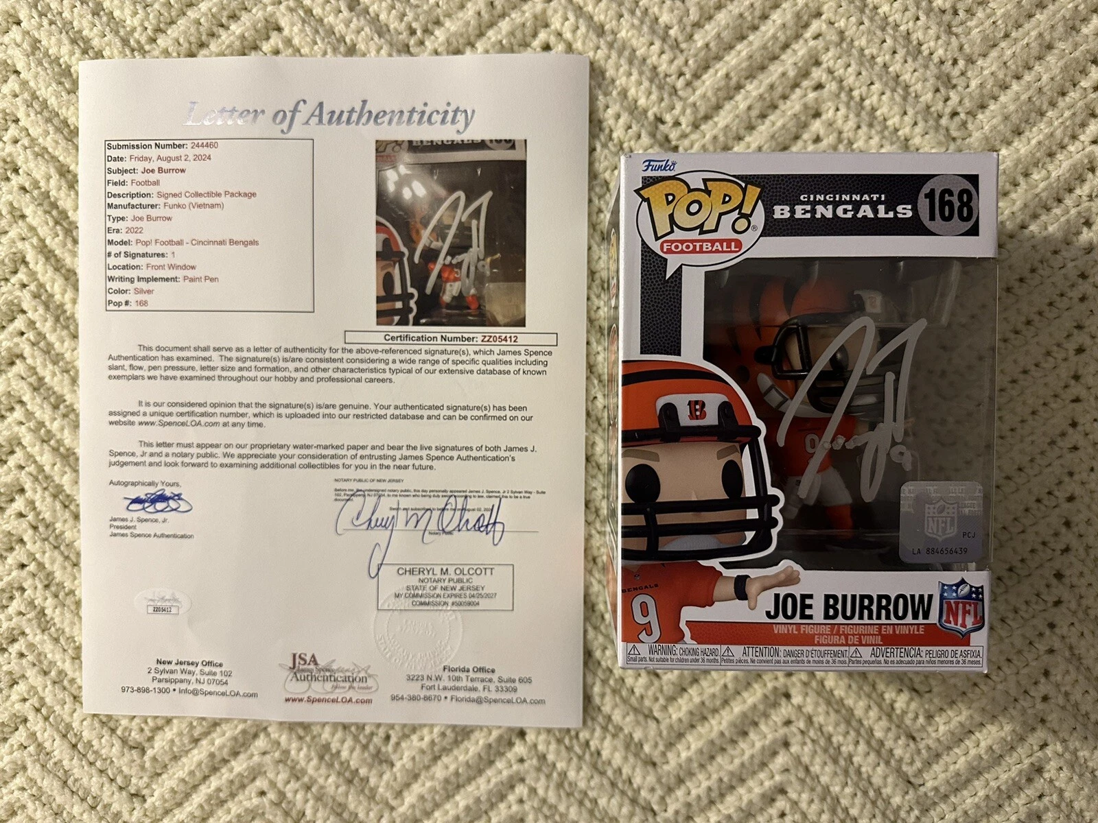 Joey Joe Burrow Signed Funko Pop Bengals 168 JSA Authentication LOA COA