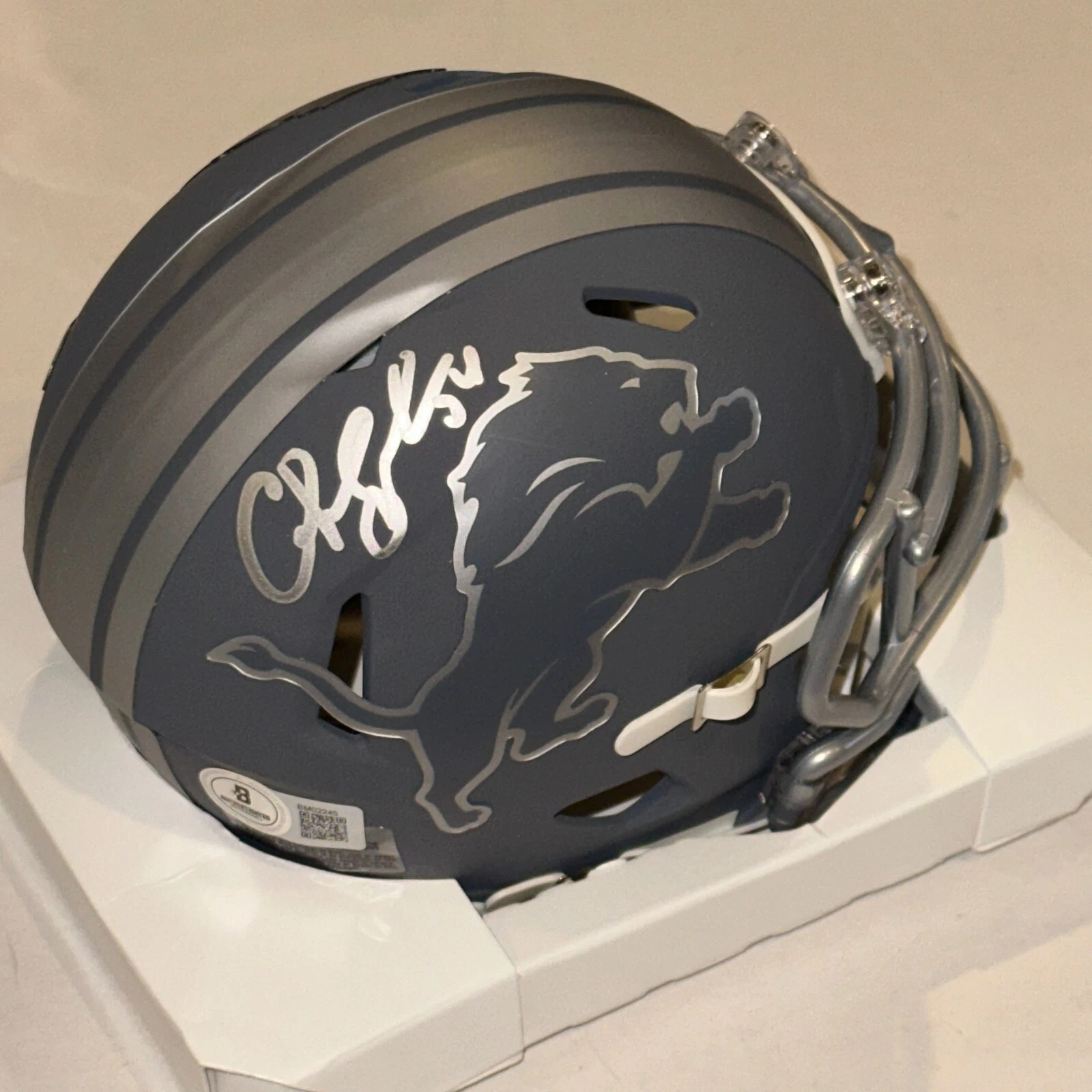 CHRIS SPIELMAN Signed Detroit LIONS SLATE Mini-helmet Beckett (BAS)