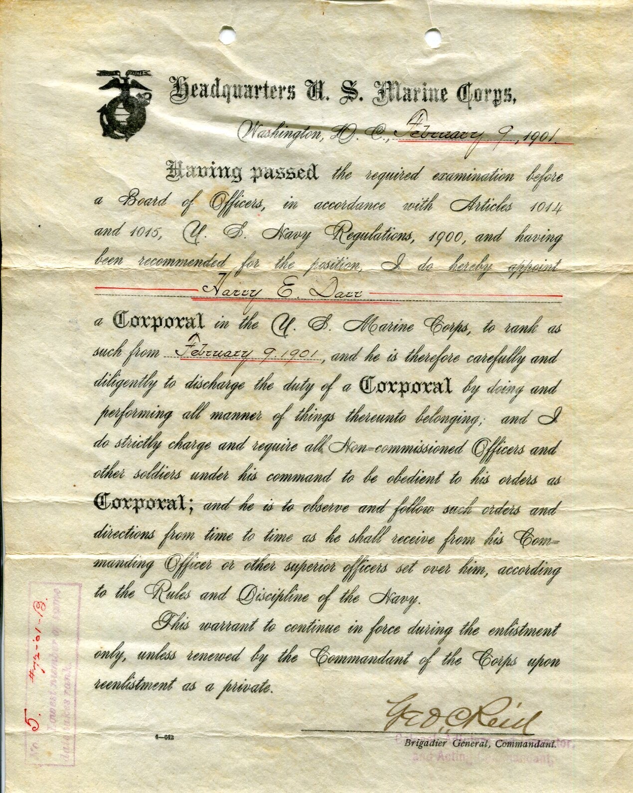 General George C Reid USMC Marine Medal Of Honor MOH Veracruz Signed Autograph