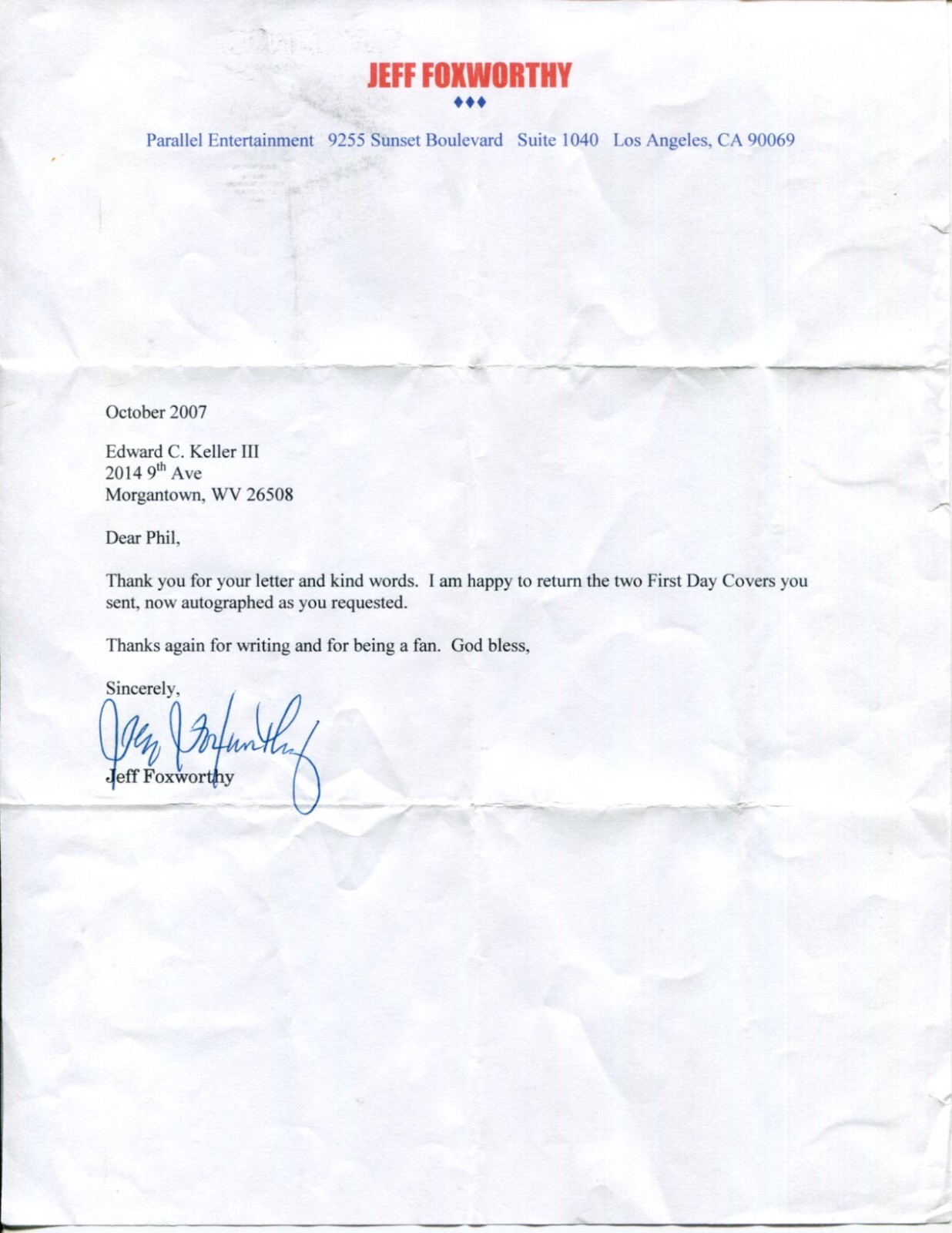 Jeff Foxworthy Redneck Comedian Game Show Host Signed Autograph Letter