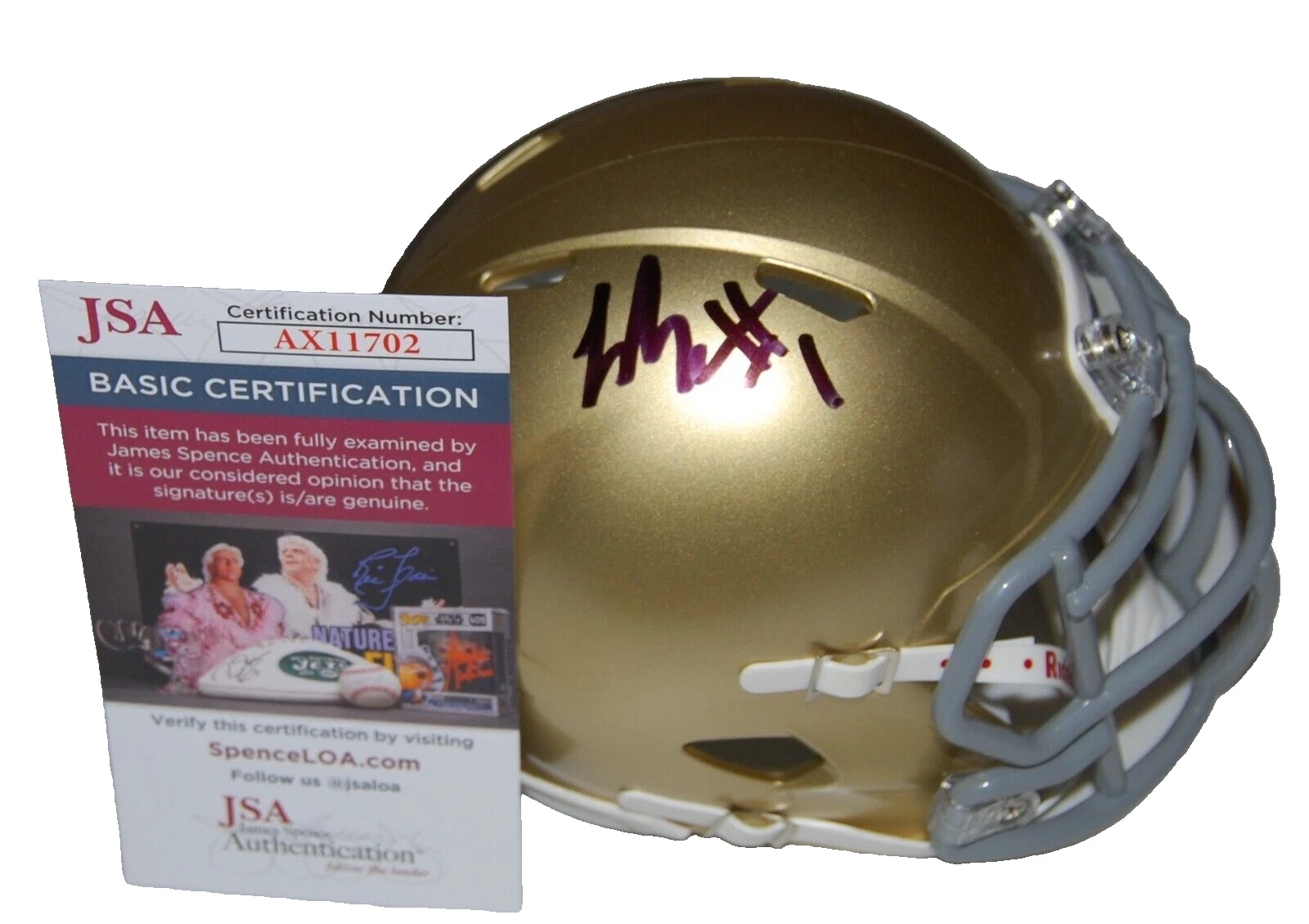 JADEN GATEHOUSE signed NOTRE DAME FIGHTING IRISH mini football helmet JSAAX11702