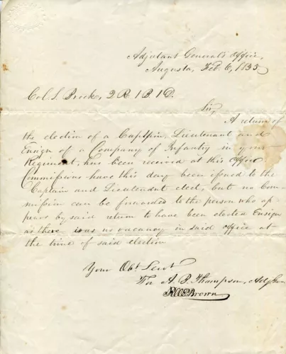 ADJUTANT GENERAL ABNER BOURNE A. B. THOMPSON MAINE MILITIA SIGNED AUTOGRAPH ALS COLLECTIBLE MEMORABILIA