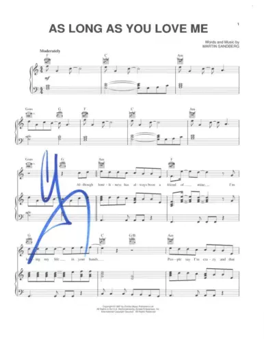 AJ MCLEAN BACKSTREET BOYS SIGNED AUTOGRAPH AS LONG AS YOU LOVE ME SHEET MUSIC COLLECTIBLE MEMORABILIA