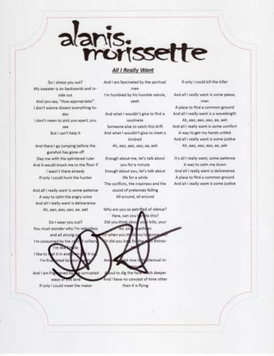 ALANIS MORISSETTE SIGNED ALL I REALLY WANT LYRIC SHEET COLLECTIBLE MEMORABILIA