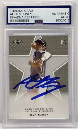 ALEX MOONEY SIGNED AUTOGRAPHED 2020 LEAF PERFECT GAME ROOKIE CARD PSA/DNA SLAB COLLECTIBLE MEMORABILIA