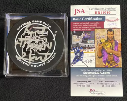 BRET HITMAN HART SIGNED CALGARY HITMEN 25TH ANNIVERSARY PUCK JSA COA WWE WVW AEW COLLECTIBLE MEMORABILIA