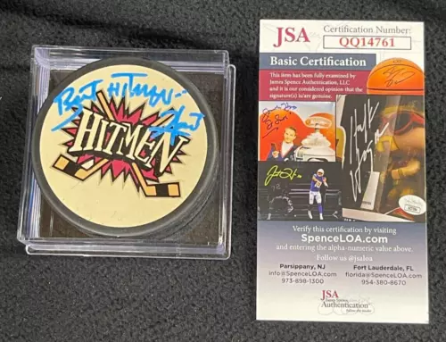BRET HITMAN HART SIGNED CALGARY HITMEN OFFICIAL GAME PUCK #4 JSA COA WWE AEW WCW COLLECTIBLE MEMORABILIA