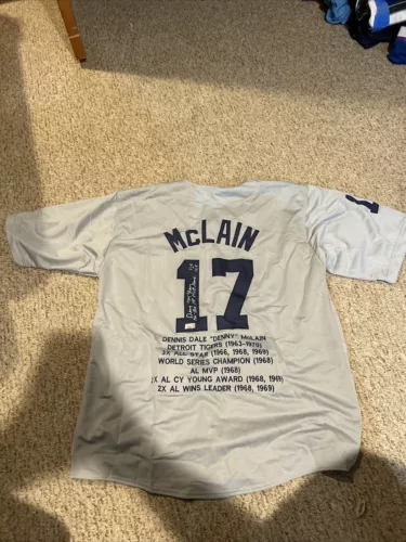 DETROIT TIGERS- DENNY MCLAIN SIGNED AUTOGRAPH STAT JERSEY TRISTAR COA BASEBALL COLLECTIBLE MEMORABILIA